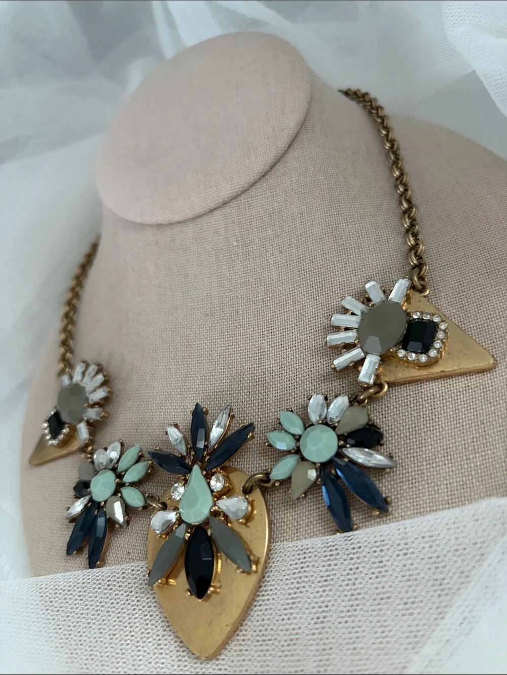 J. Crew Gold Floral Statement Necklace with Mint, Navy & Black Accents